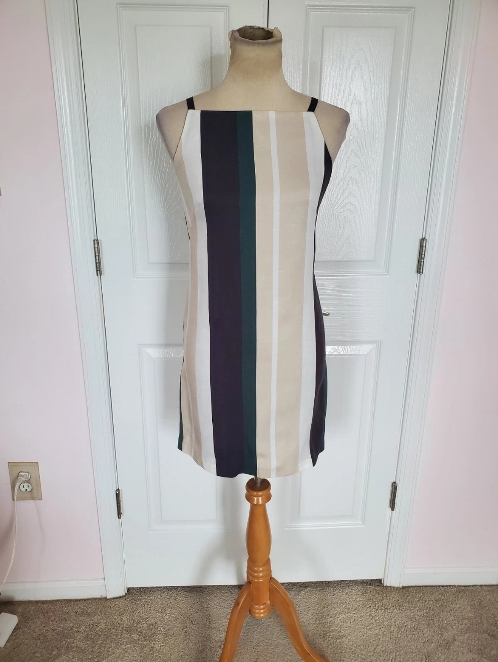 Striped Sleeveless Shift Dress in Beige, Navy & Green